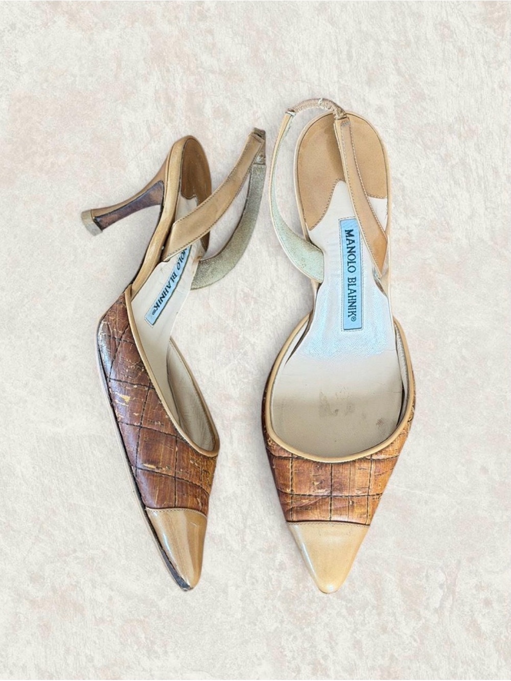 Vintage Manolo Blahnik Cork Pointed Quilted Slingback Kitten Heels Mules Pumps